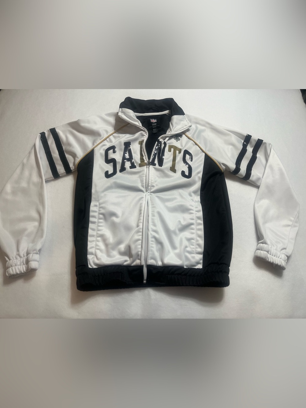 NFL Women’s Rare Saints White, Black & Gold Glitter Jacket